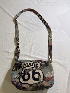 VINTAGE Route 66 "Get Your Kicks" Tapestry Tote Bag Travel Carry-On Canvas Purse